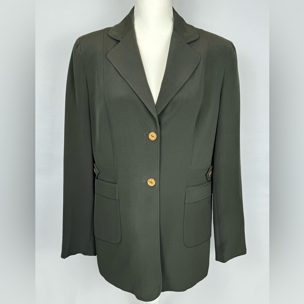 Jones New York Silk Blazer Olive Green Single Breasted Pockets Size 12 Career